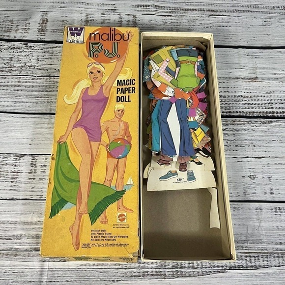 Vintage Toy 60 pc Malibu PJ Barbie Ken Magic Paper Dolls Clothes Surfer 1972 - Picture 2 of 16